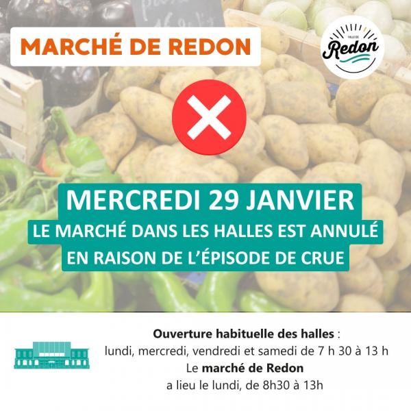 Fermeture des halles de Redon mercredi 29 janvier